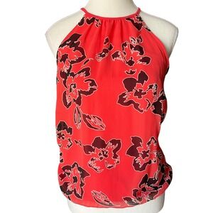 Express Red Floral Halter Neck Top Sleeveless Cutout Keyhole Back Blouse Small
